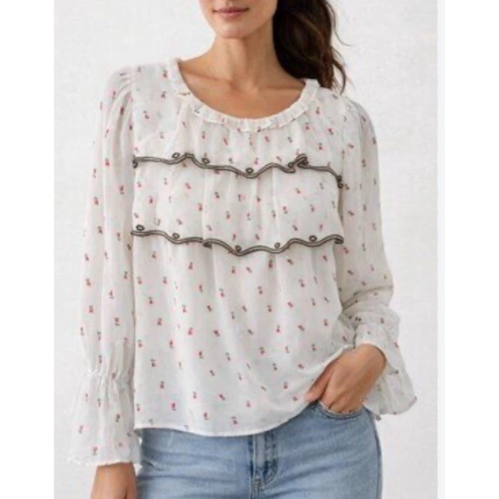 Romantic Cottagecore LOFT Floral Ruffle Blouse Sheer Bell Sleeve Women M